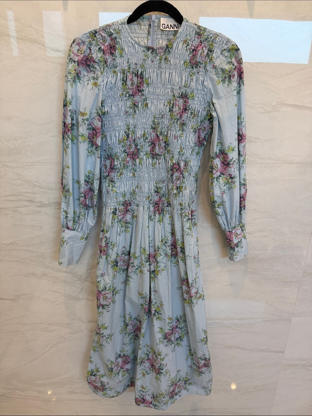 Ganni Light Blue Floral Smocked Midi Dress with Long Sleeves